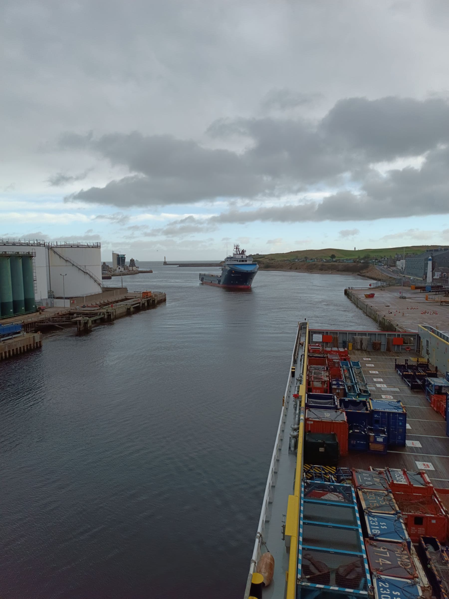 Container ship approaching a European port.